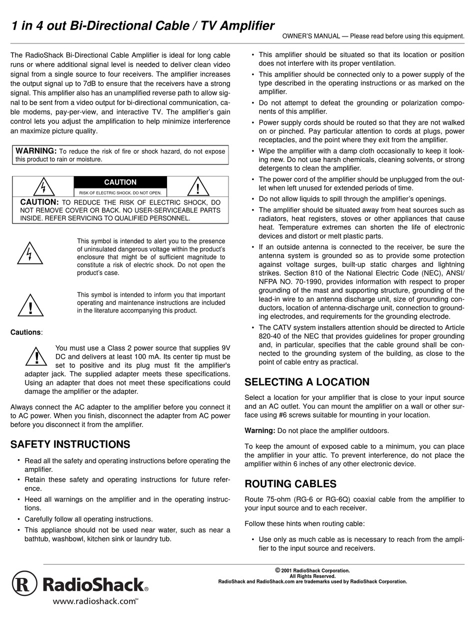 RADIO SHACK BI-DIRECTIONAL CABLE AMPLIFIER OWNER'S MANUAL Pdf Download ...