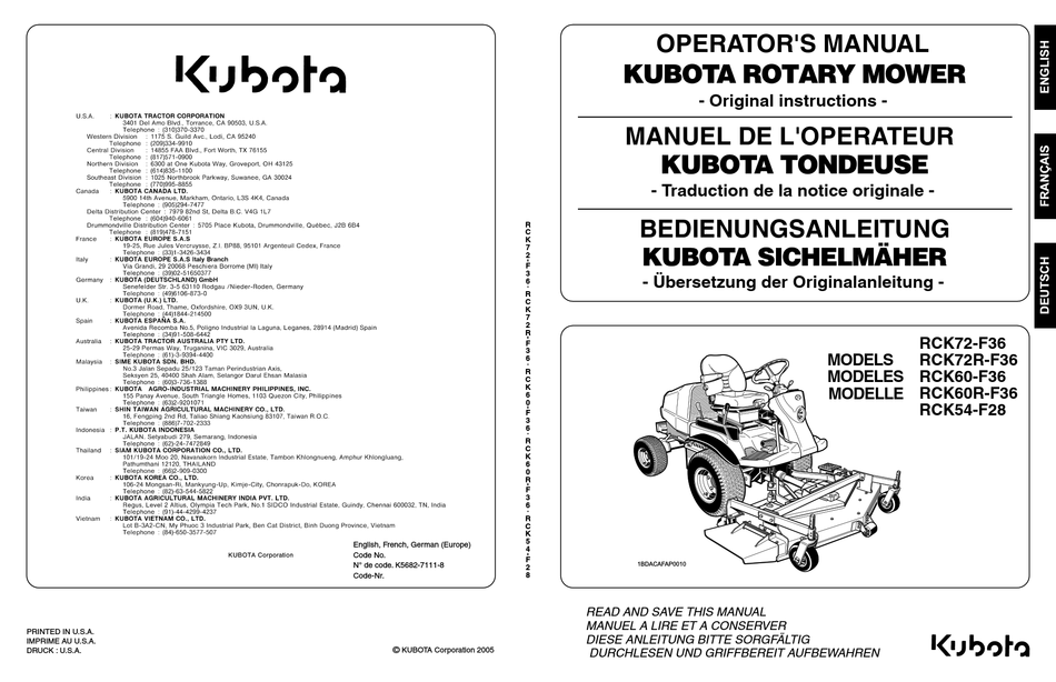 Kubota Rck72 F36 Operator S Manual Pdf Download Manualslib