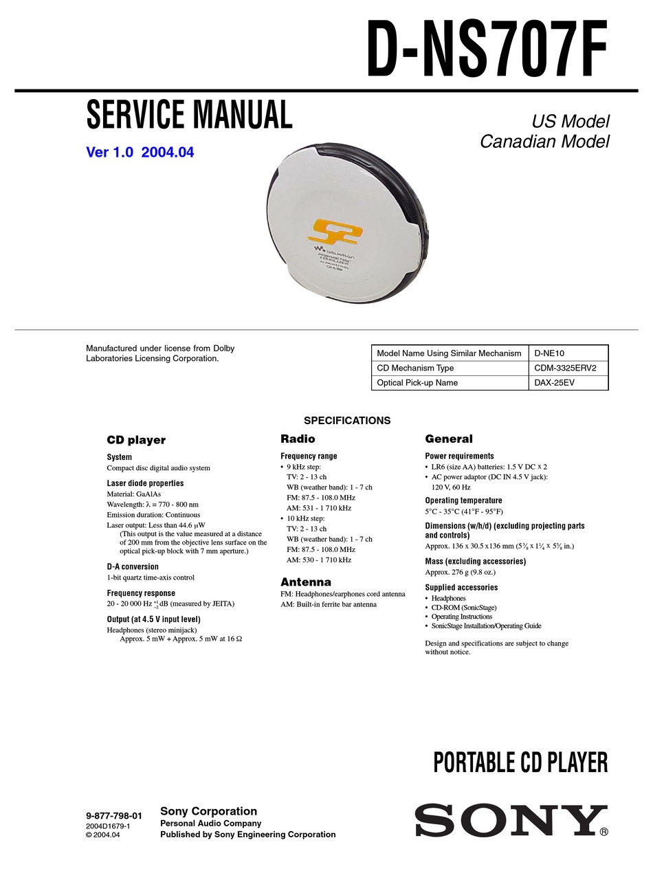 SONY D-NS707F SERVICE MANUAL Pdf Download | ManualsLib