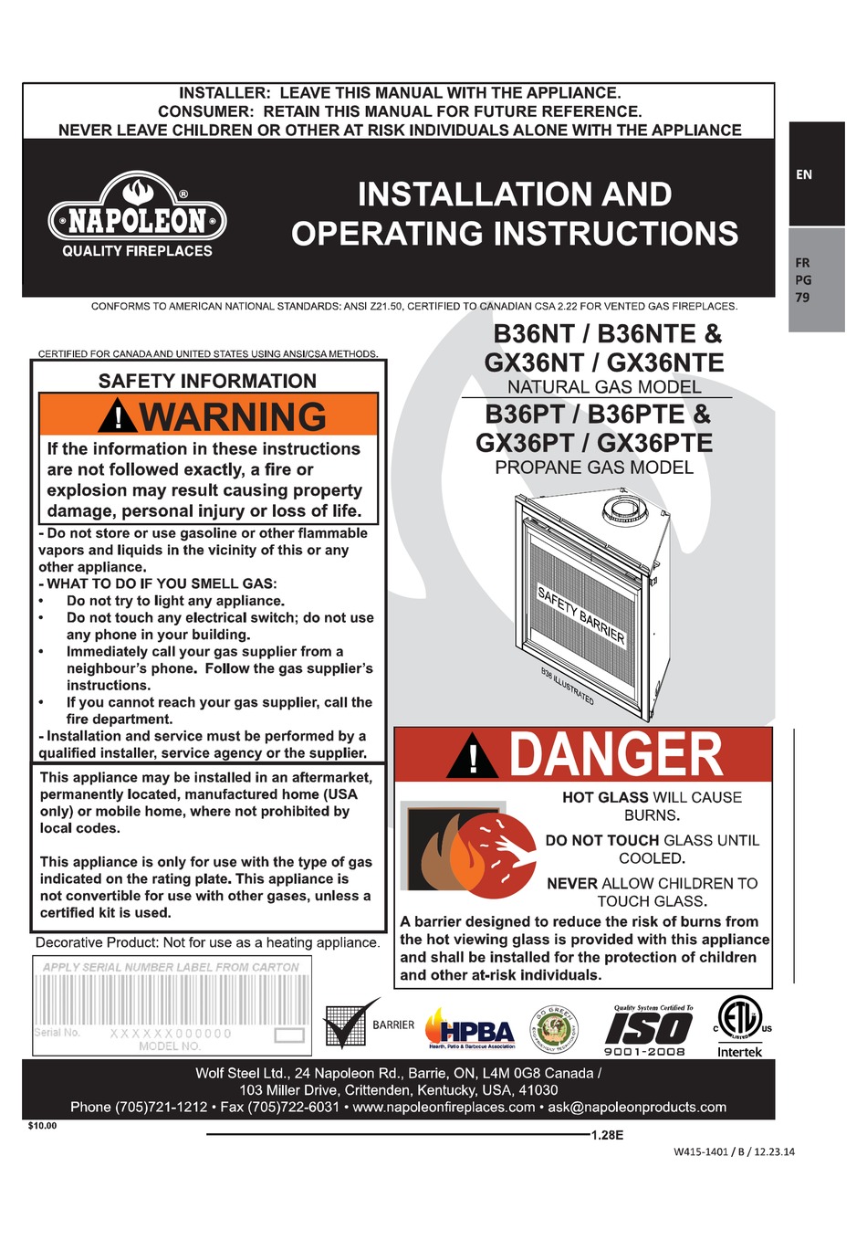 NAPOLEON B36NT INSTALLATION AND OPERATION INSTRUCTIONS MANUAL Pdf