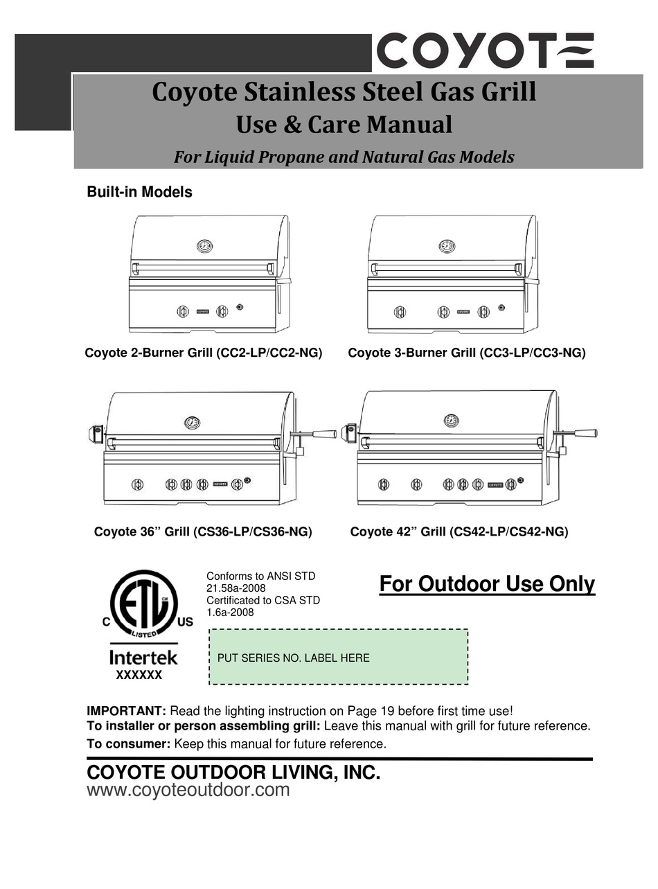 coyote natural gas grills on Coyote Cc2 Lp Use Care Manual Pdf Download Manualslib