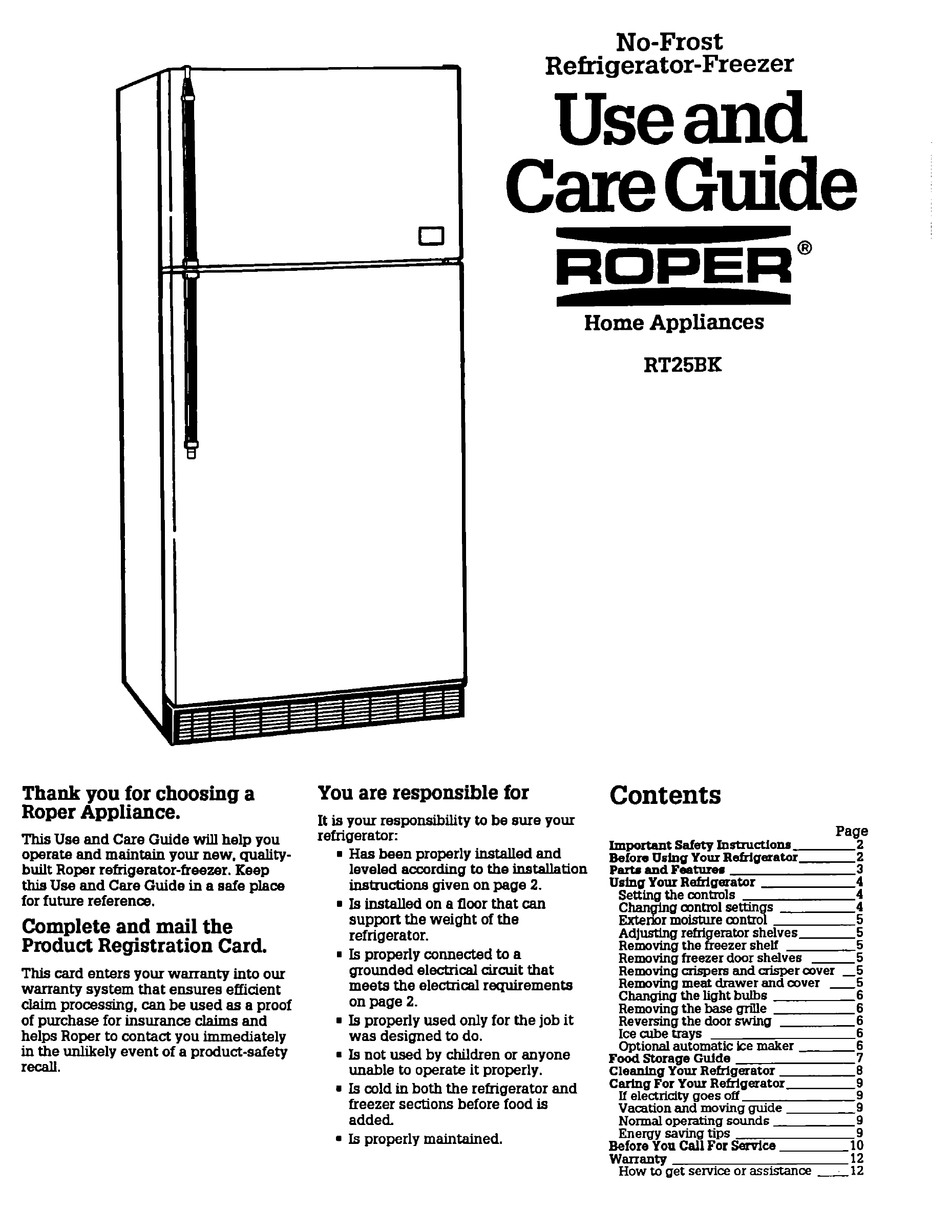 ROPER RT25BK USE AND CARE MANUAL Pdf Download | ManualsLib