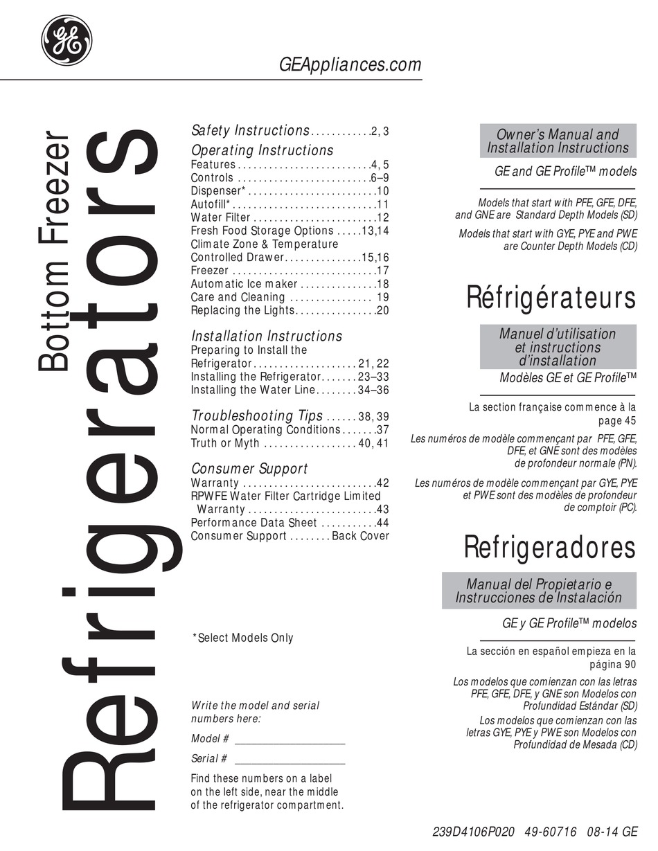 GE PFE28 OWNER'S MANUAL AND INSTALLATION INSTRUCTIONS Pdf Download