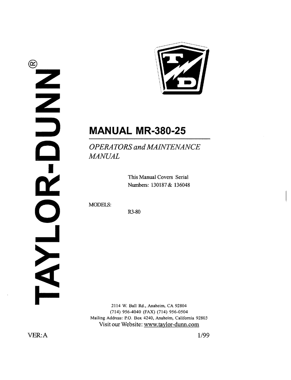 TAYLOR-DUNN R3-80 OPERATOR'S MAINTENANCE MANUAL Pdf Download | ManualsLib