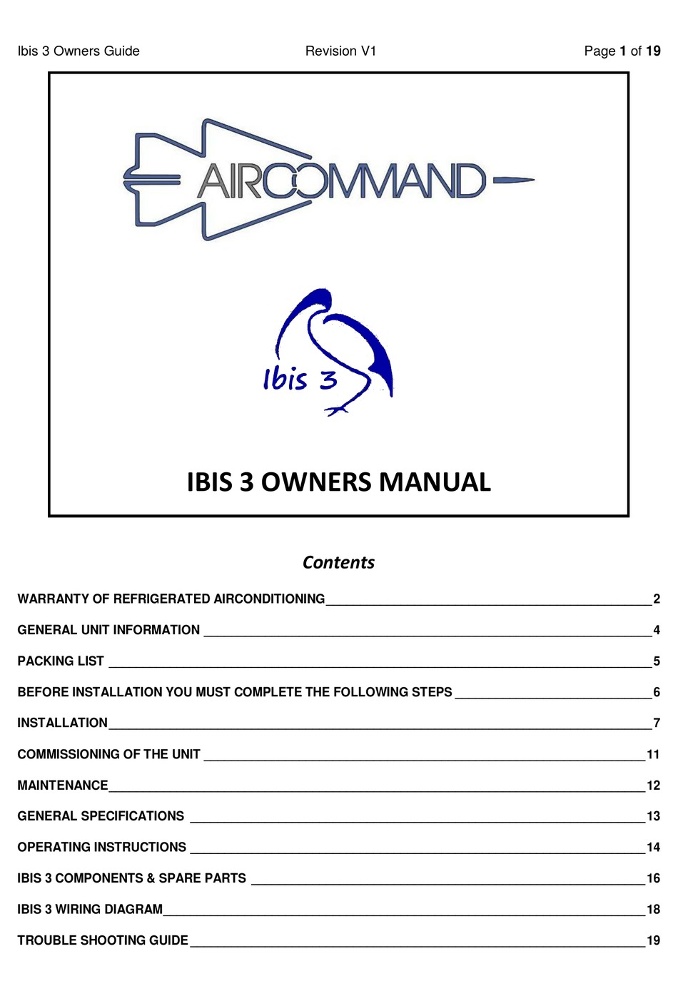Aircommand Ibis 3 Operating Instructions Manual Pdf Download Manualslib