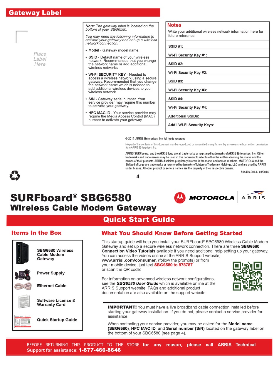 ARRIS SURFBOARD SBG6580 QUICK START MANUAL Pdf Download | ManualsLib