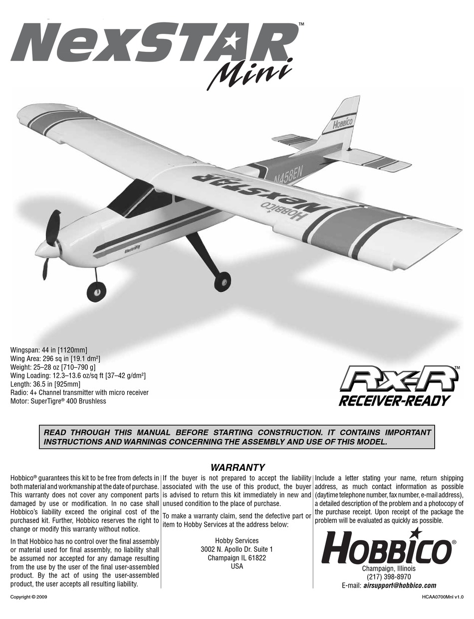 HOBBICO NEXSTAR MINI EP RXR ASSEMBLY MANUAL AND USE AND CARE Pdf