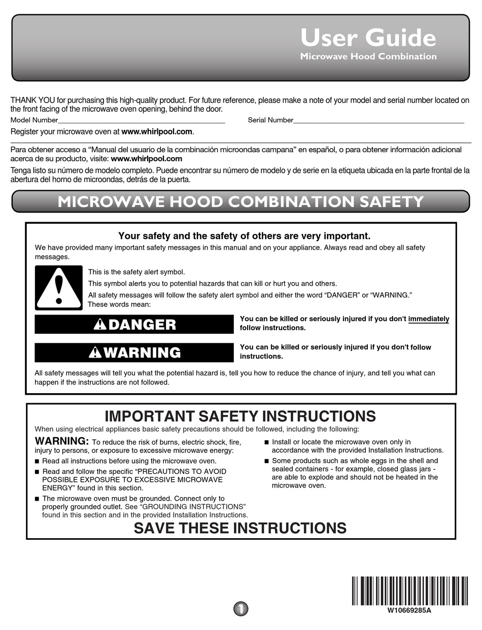 WHIRLPOOL MICROWAVE HOOD COMBINATION USER MANUAL Pdf Download ManualsLib