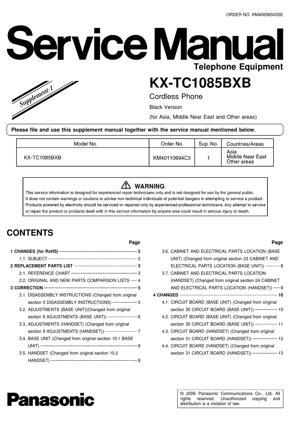 PANASONIC KX-TC1085BXB SERVICE MANUAL Pdf Download | ManualsLib