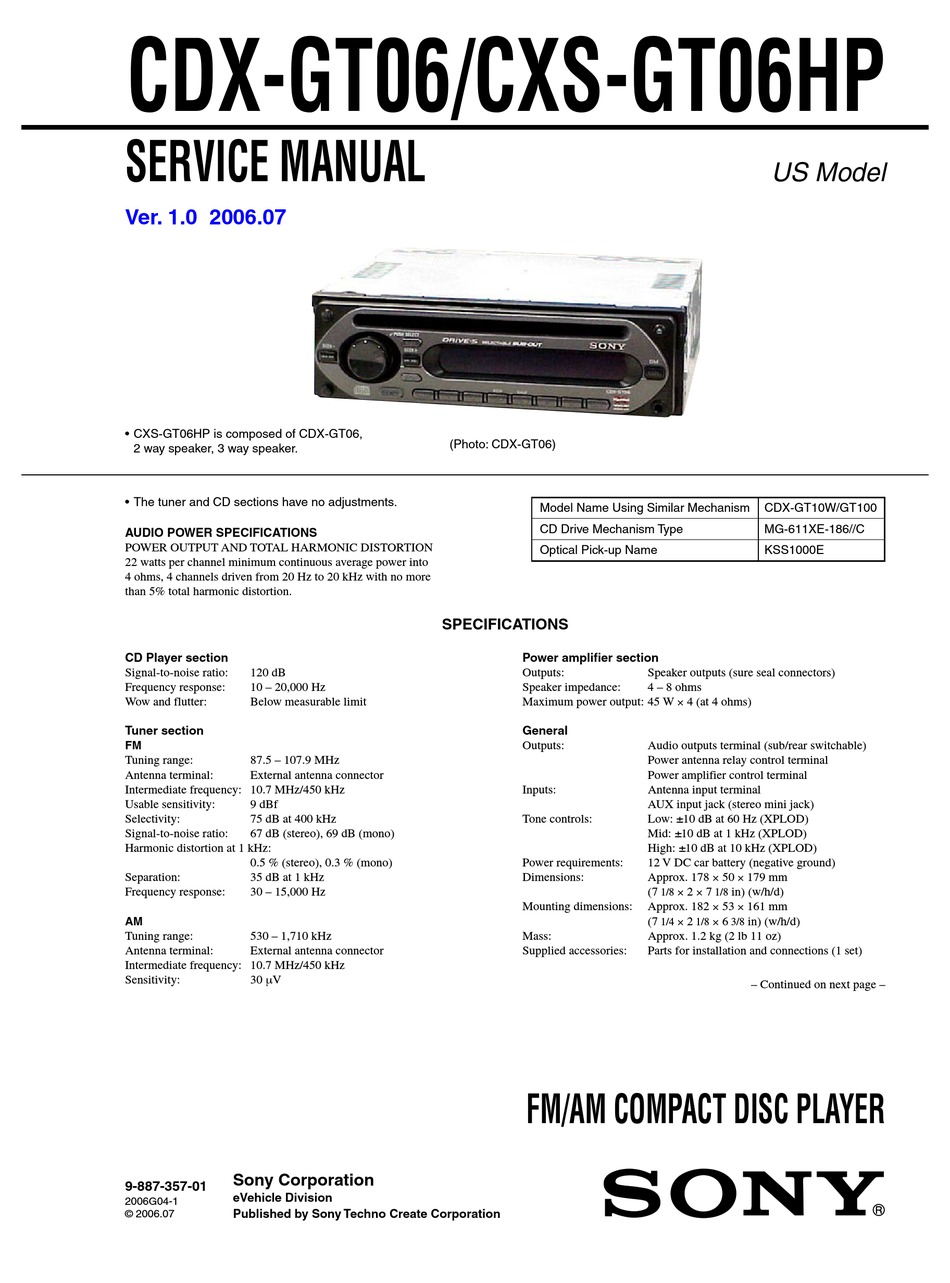 Sony Cdx Gt06 Service Manual Pdf