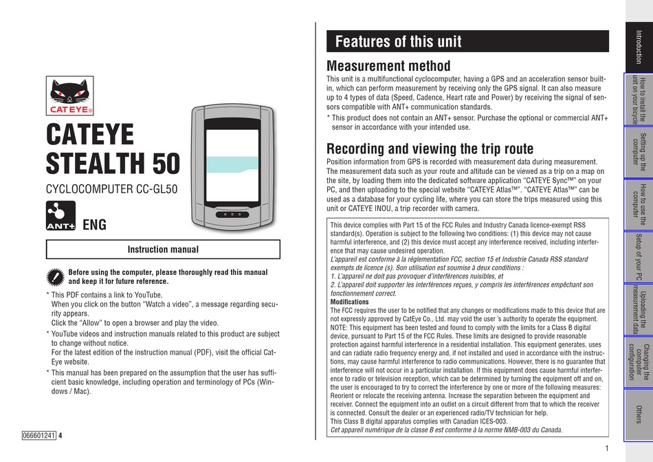 Cateye Stealth 50 Cyclocomputer Cc Gl50 Instruction Manual Pdf Download Manualslib