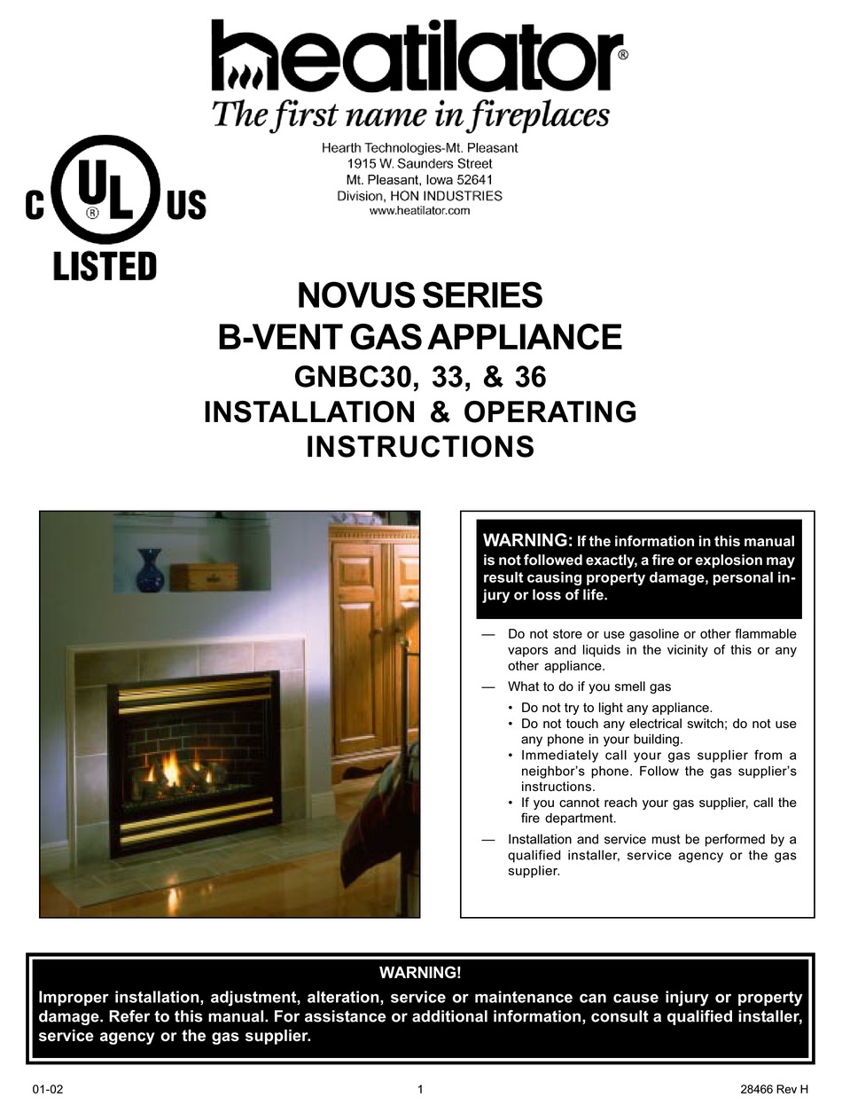 HEATILATOR GNBC30 INSTALLATION & OPERATING INSTRUCTIONS MANUAL Pdf
