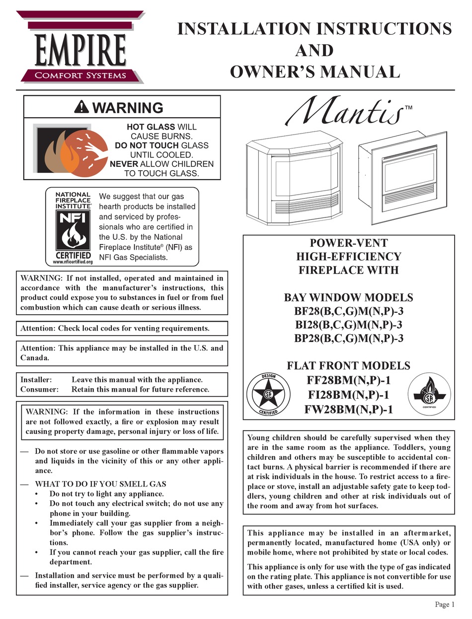 EMPIRE MANTIS BF28 SERIES INSTALLATION INSTRUCTIONS AND OWNER'S MANUAL