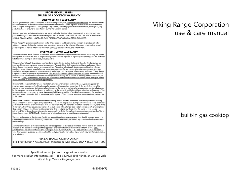 VIKING RANGE VGSU SERIES USE & CARE MANUAL Pdf Download ManualsLib