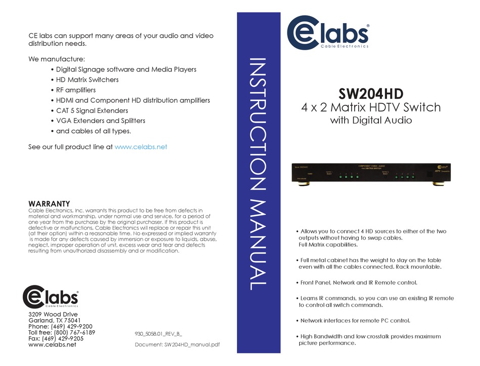CE LABS SW204HD INSTRUCTION MANUAL Pdf Download ManualsLib