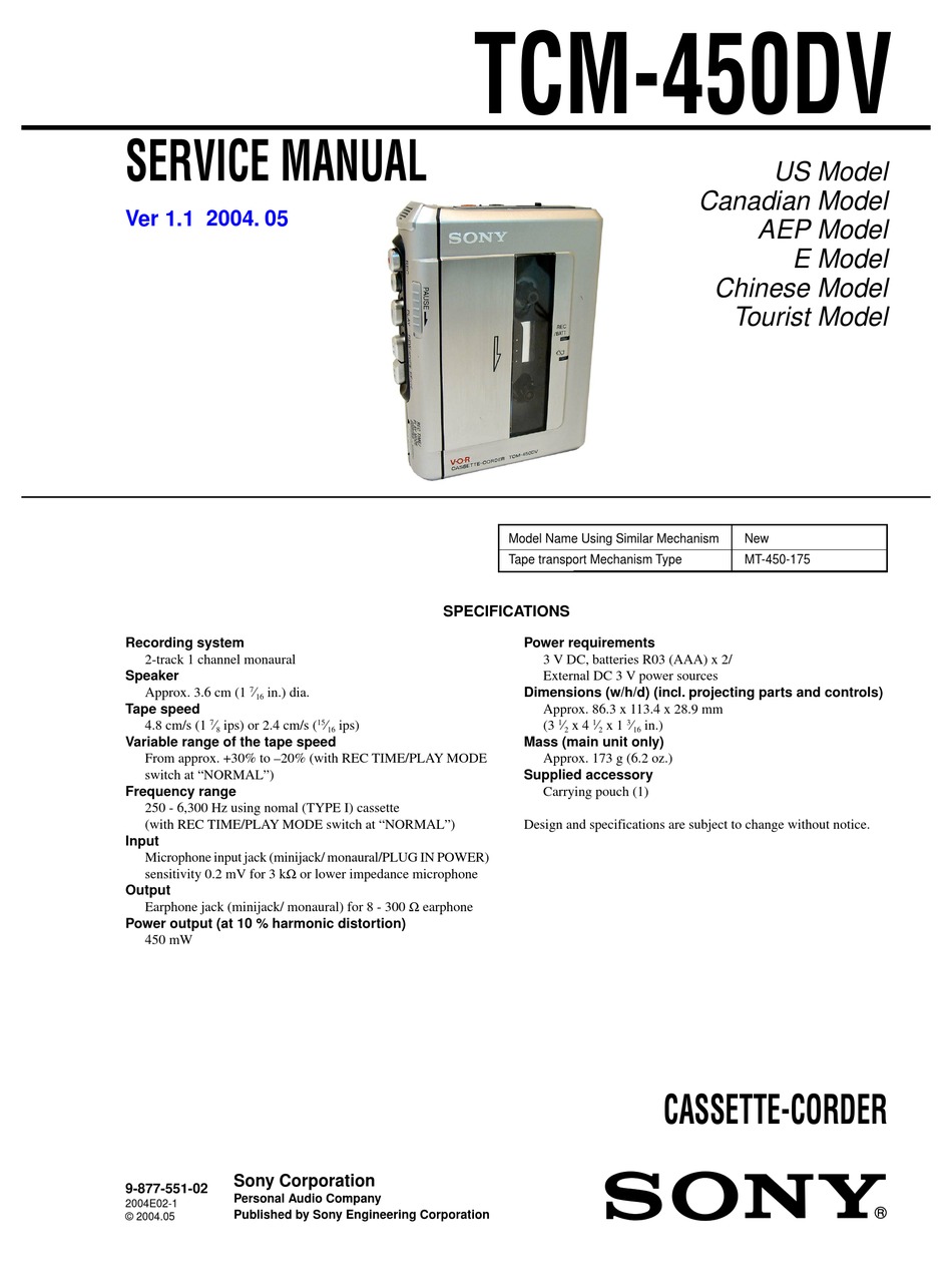 SONY TCM-450DV SERVICE MANUAL Pdf Download | ManualsLib