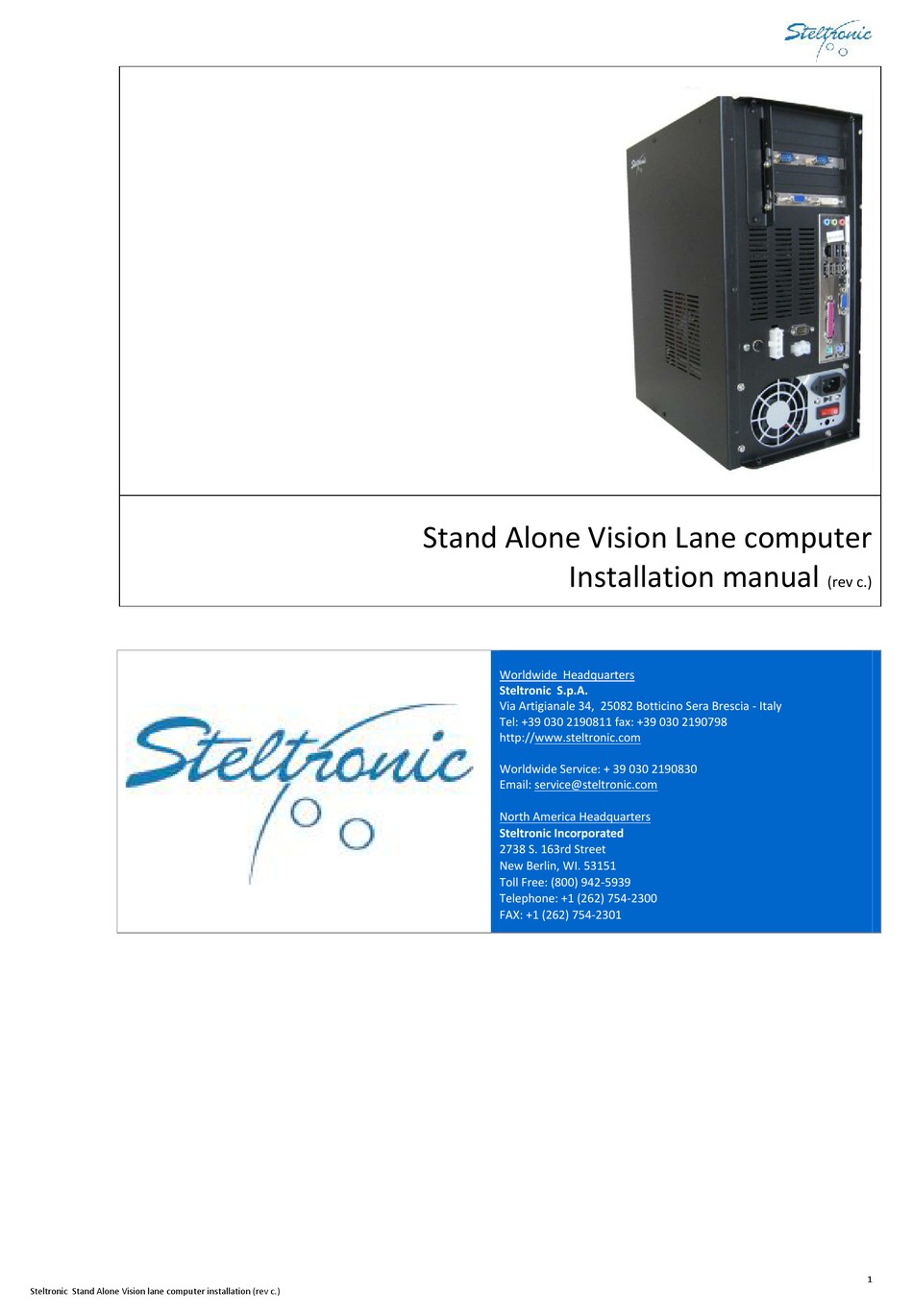 STELTRONIC STAND ALONE VISION LANE COMPUTER INSTALLATION MANUAL Pdf