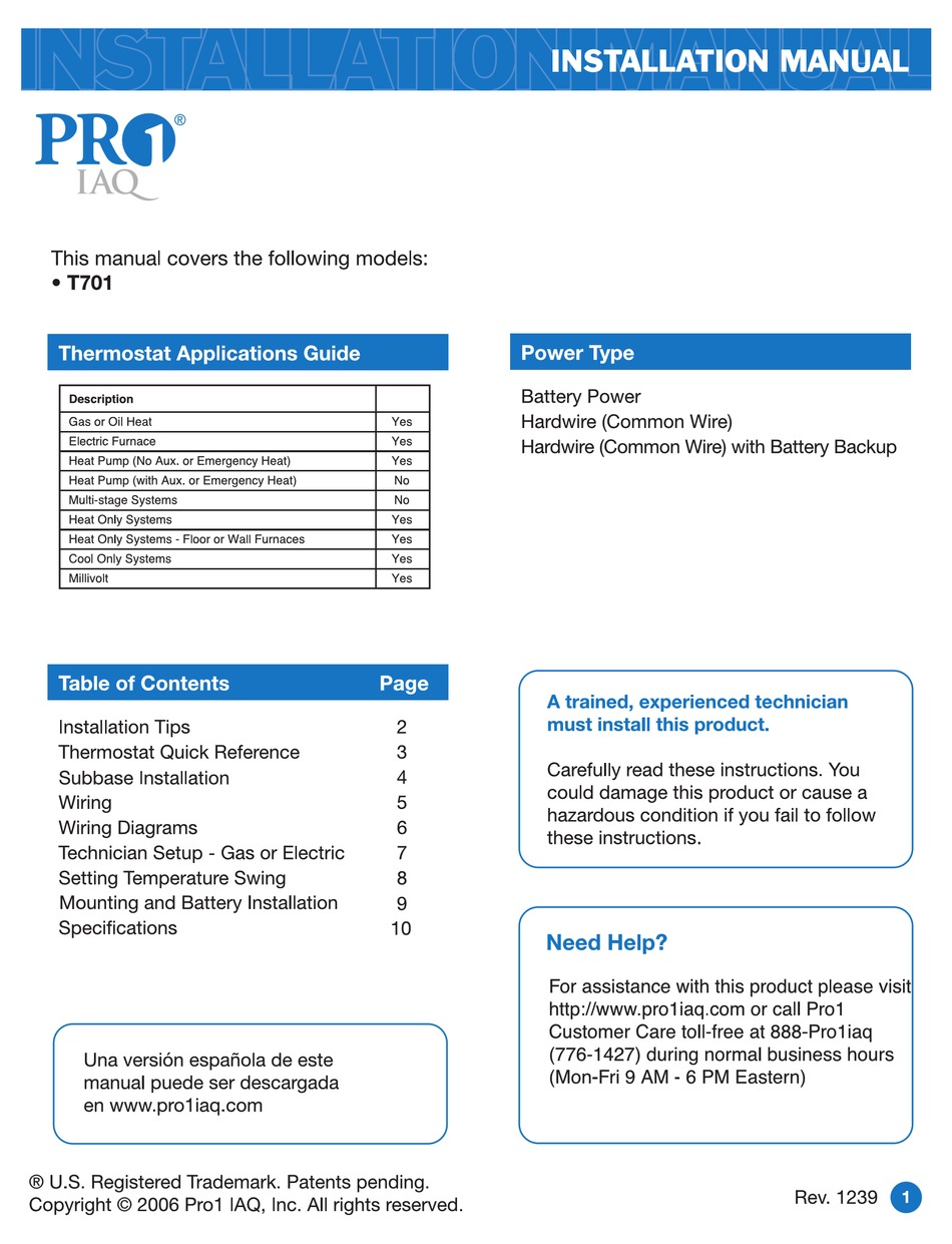 PRO1 IAQ T701 INSTALLATION MANUAL Pdf Download | ManualsLib