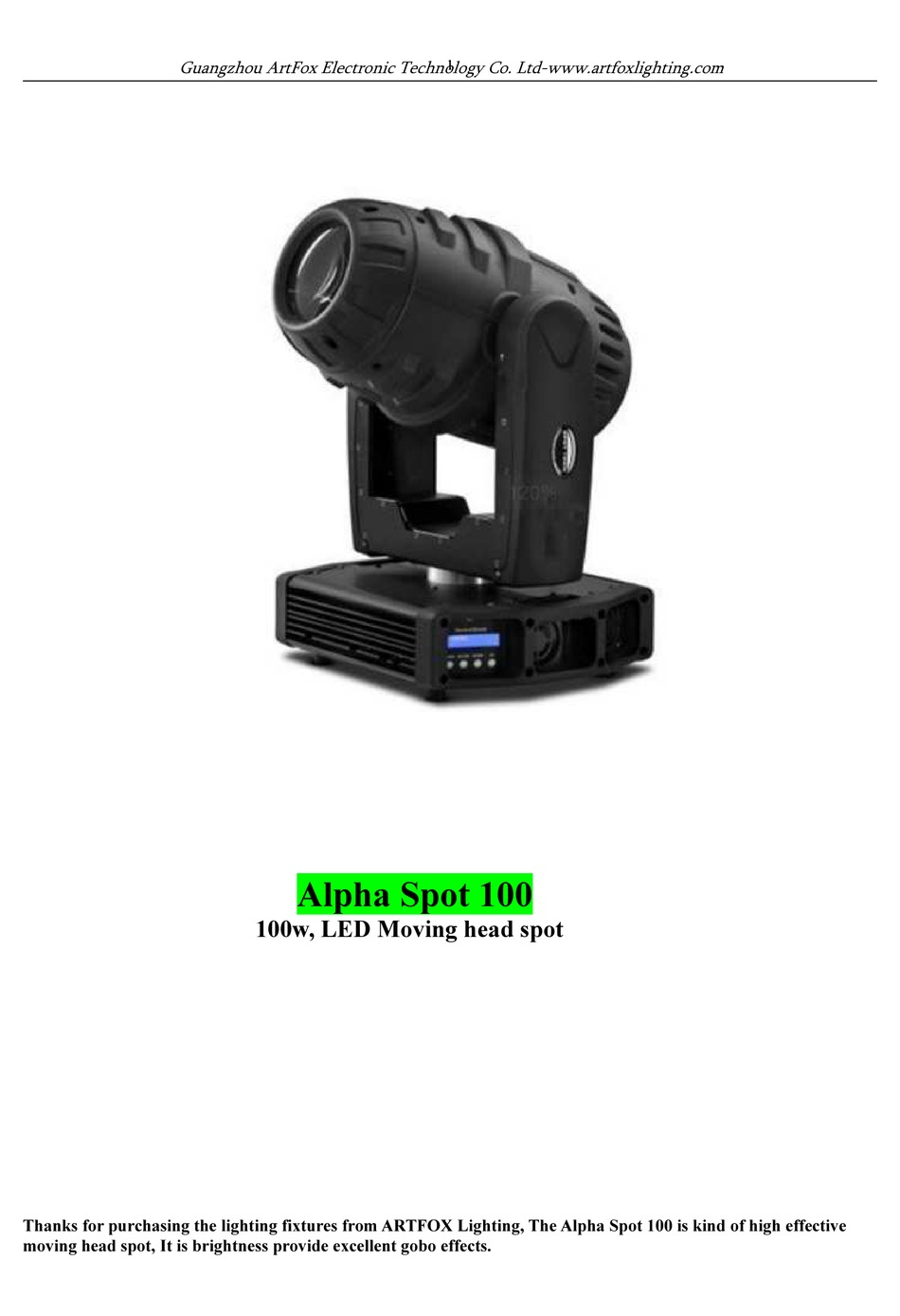 ARTFOX ALPHA SPOT 100 MANUAL Pdf Download ManualsLib
