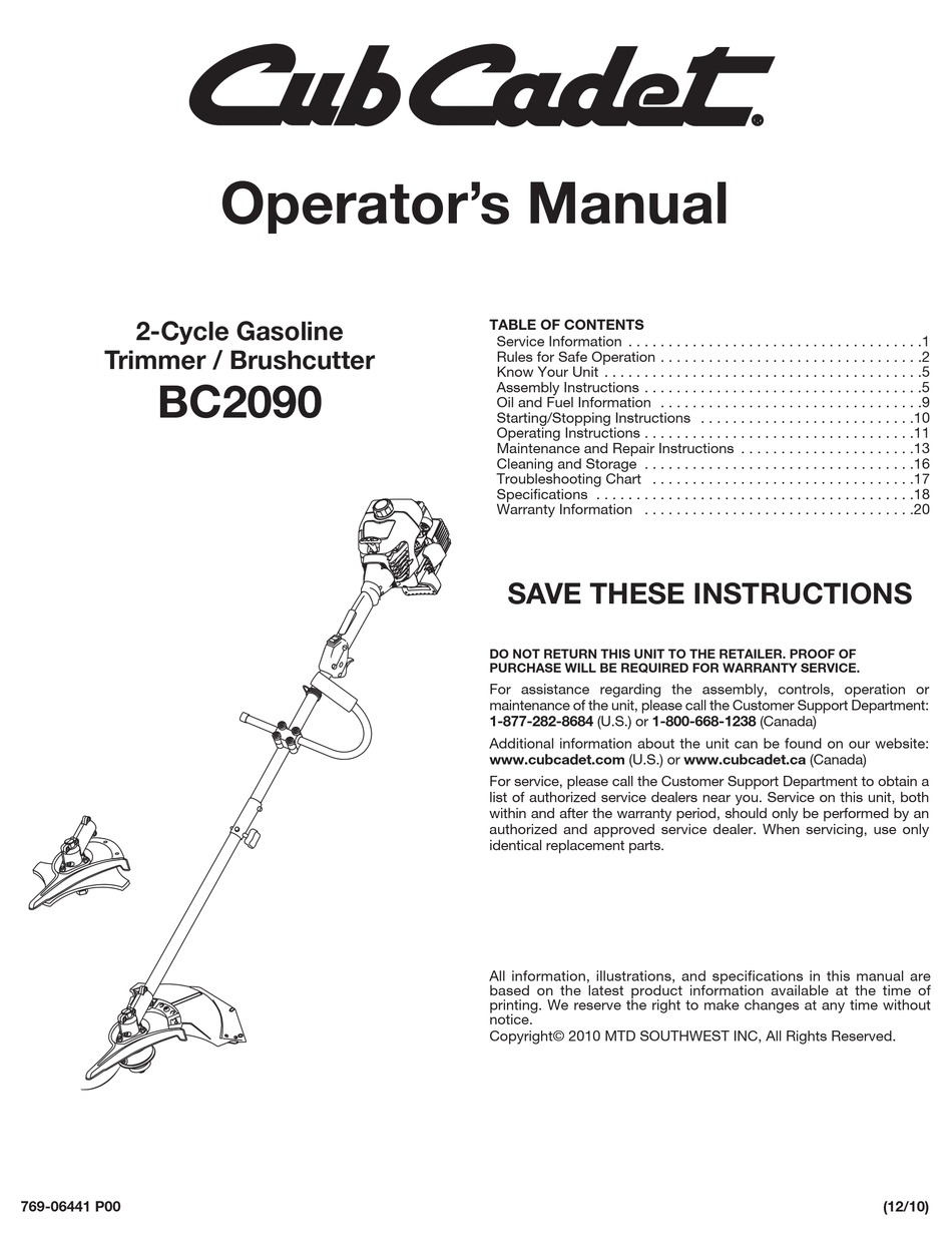 Maintenance And Repair Instructions - Cub Cadet BC2090 Operator's Manual  [Page 13]