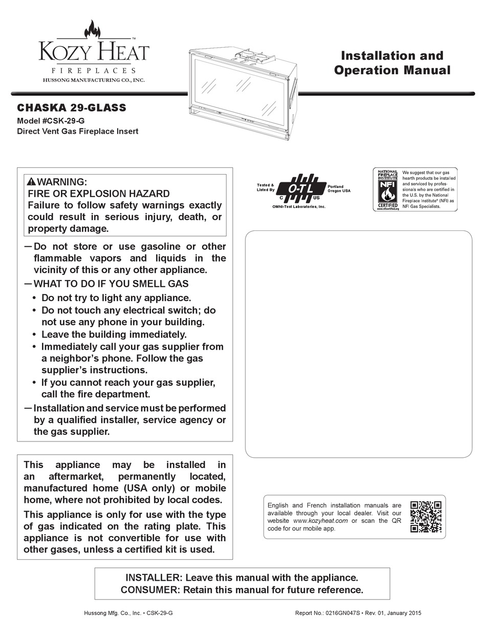 KOZY HEAT CSK29G INSTALLATION AND OPERATION MANUAL Pdf Download