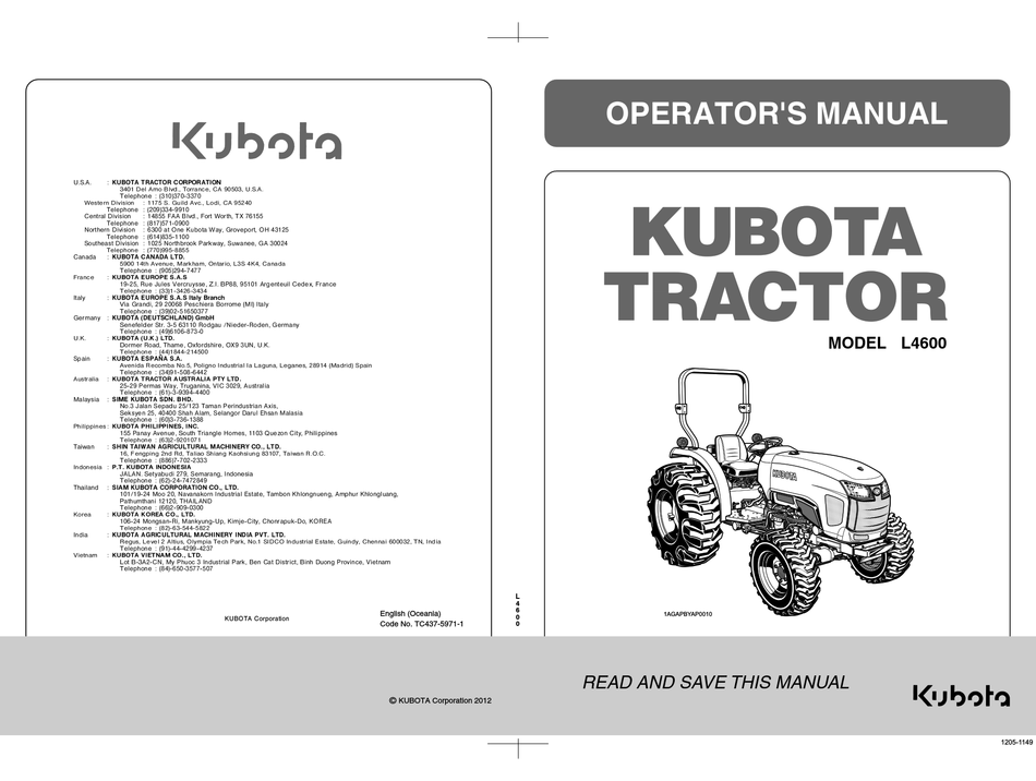 KUBOTA L4600 OPERATOR'S MANUAL Pdf Download | ManualsLib