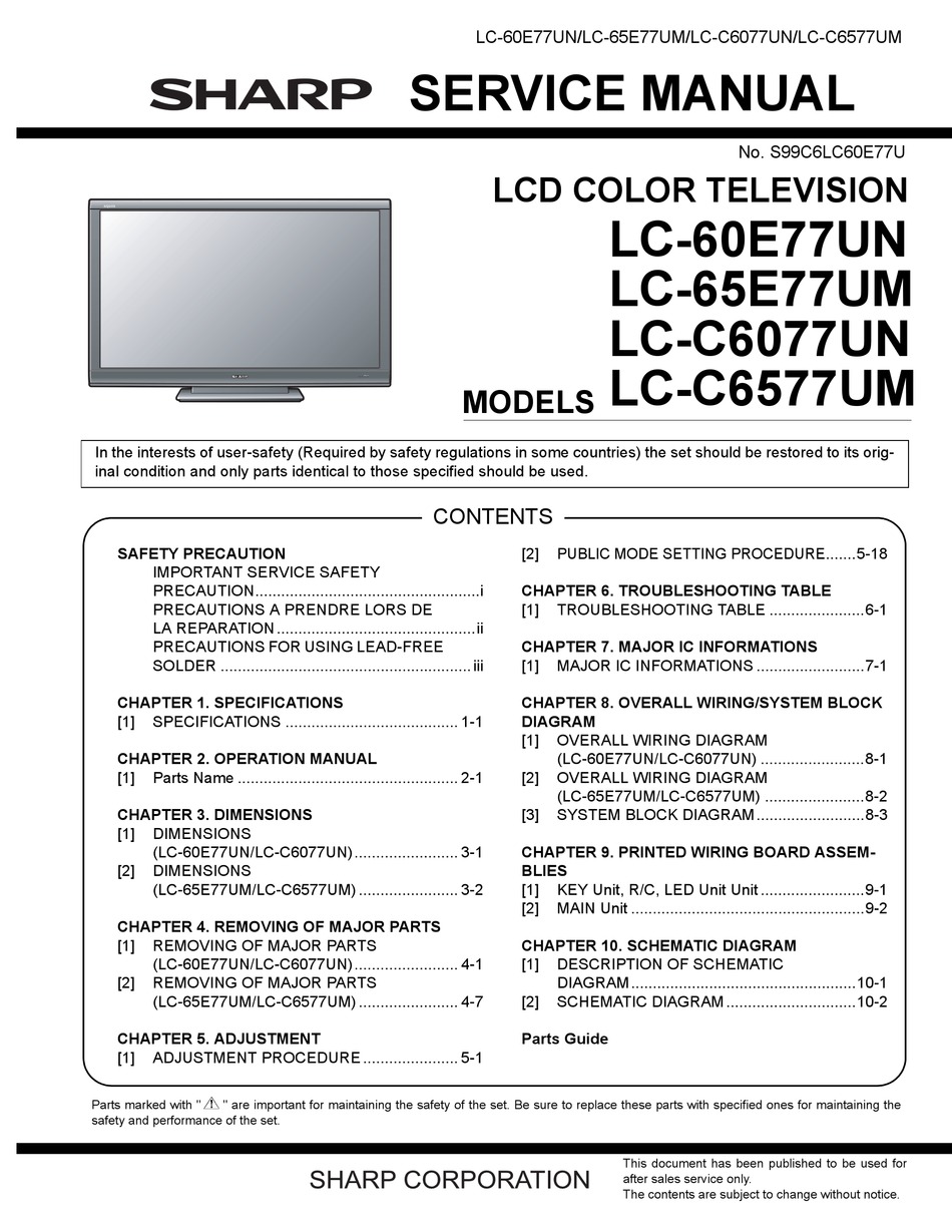 SHARP LC60E77UN SERVICE MANUAL Pdf Download ManualsLib