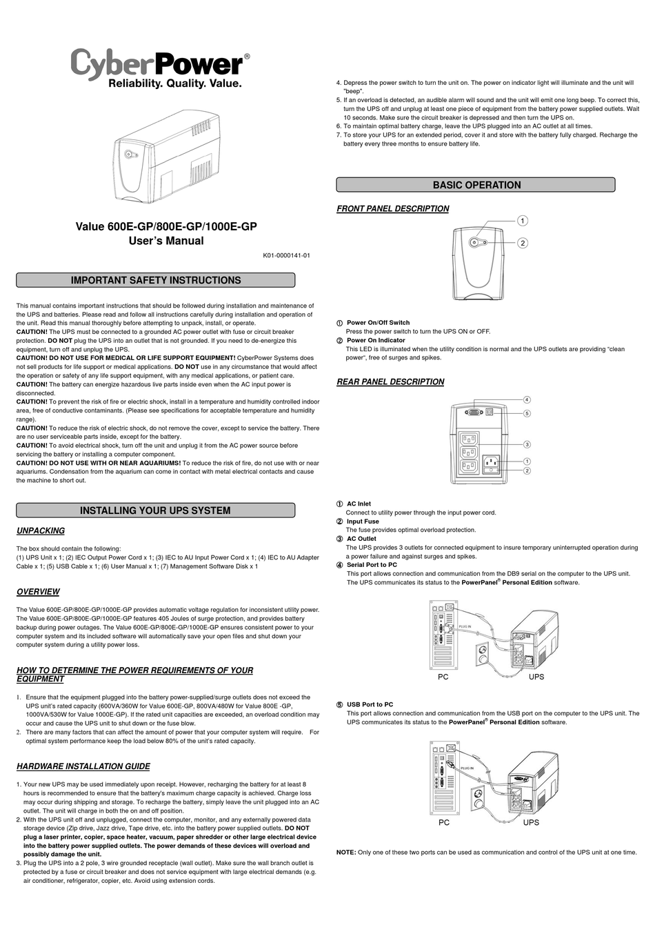 CYBERPOWER VALUE 600E-GP USER MANUAL Pdf Download | ManualsLib