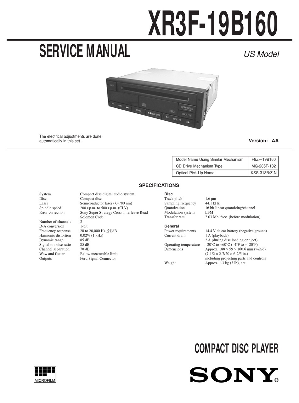 Sony Xr3f 19b160 Service Manual Pdf Download Manualslib