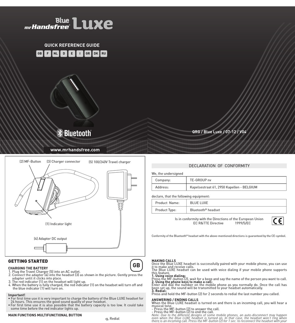 MR HANDSFREE BLUE LUXE QUICK REFERENCE MANUAL Pdf Download ManualsLib