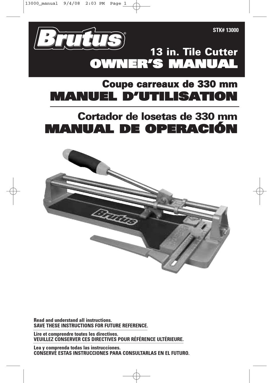 BRUTUS 13 IN. TILE CUTTER OWNER'S MANUAL Pdf Download ManualsLib