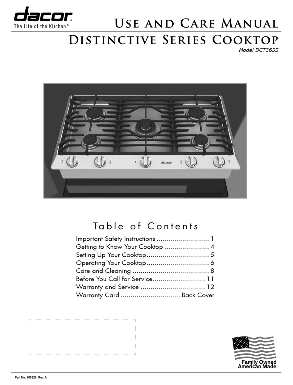 DACOR DCT365S DISTINCTIVE SERIES USE AND CARE MANUAL Pdf Download