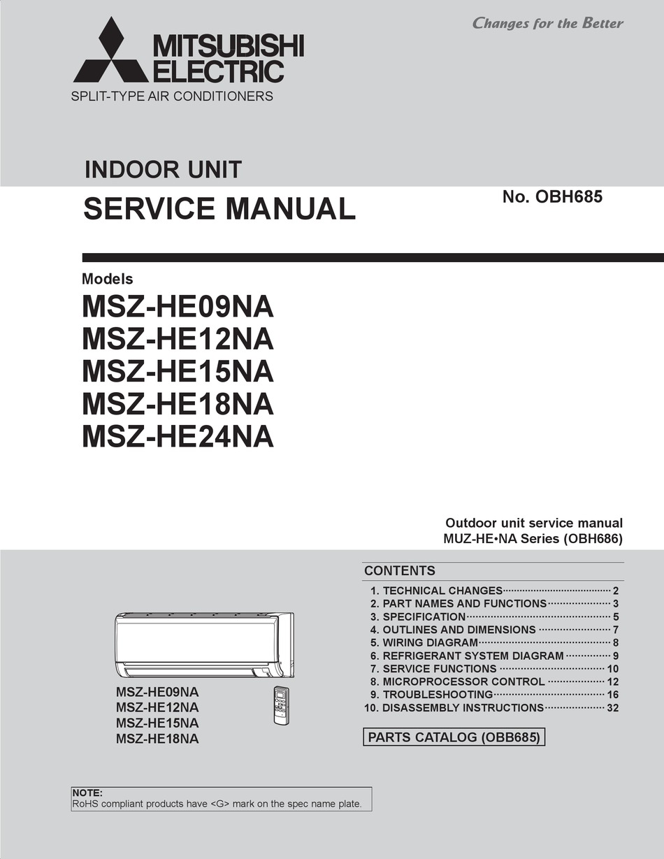 Mitsubishi Electric Msz He09na Service Manual Pdf Download Manualslib