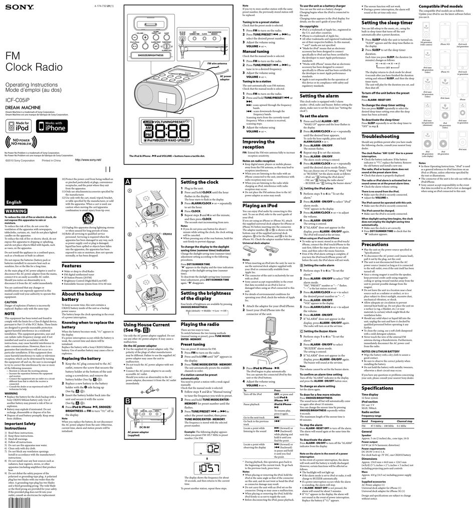SONY ICF-C05IP OPERATING INSTRUCTIONS Pdf Download | ManualsLib