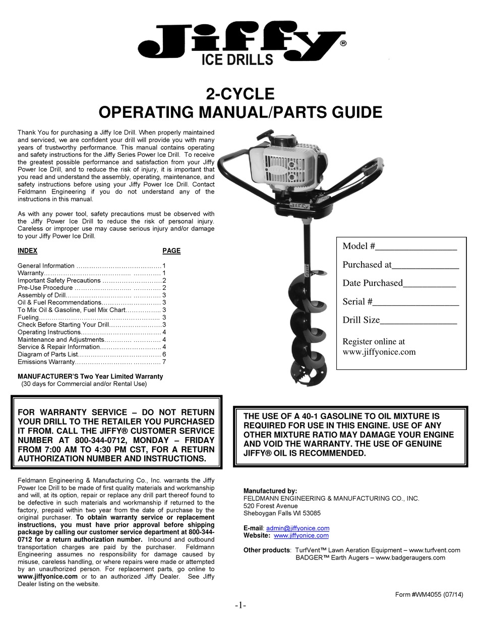 JIFFY ICE DRILL 2-CYCLE OPERATING MANUAL Pdf Download