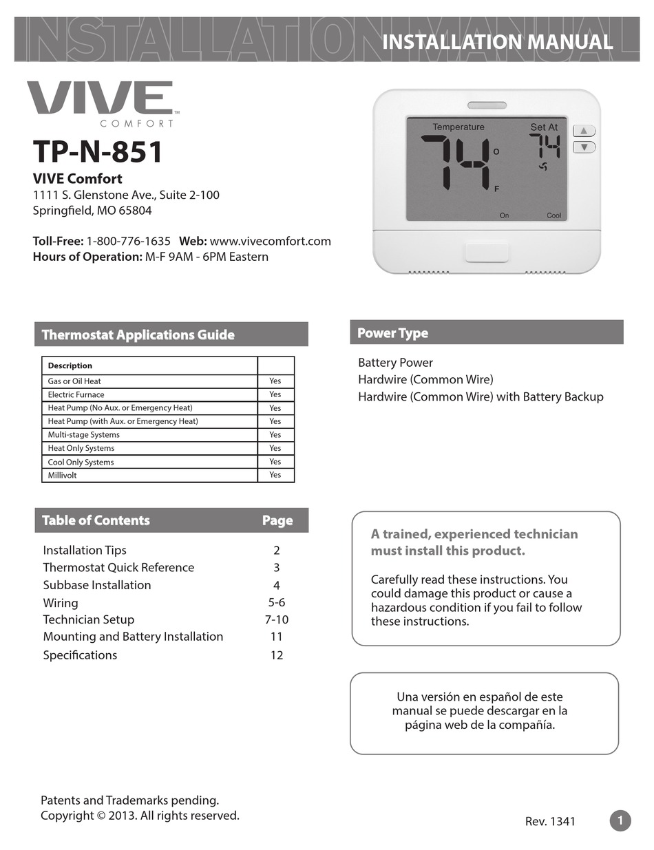 VIVE TP-P-605 Single Stage Digital Residential Thermostat, 1 Heat, 1 Cool  Battery or Hardwire 5/1/1 programmable