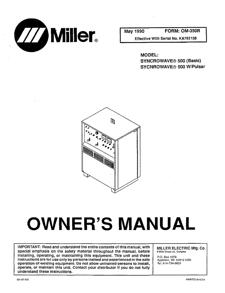 MILLER SYNCROWAVE 500 OWNER'S MANUAL Pdf Download | ManualsLib