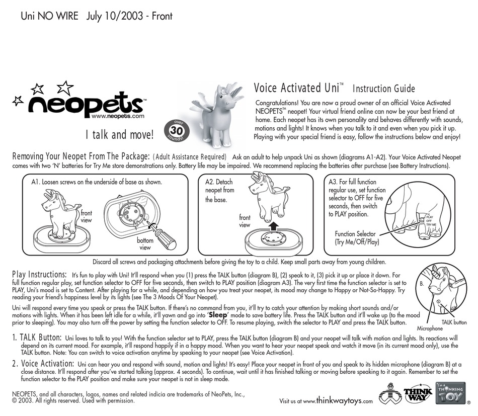 NEOPETS VOICE ACTIVATED UNI INSTRUCTION MANUAL Pdf Download ManualsLib