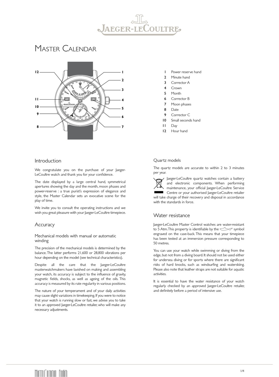 JAEGERLECOULTRE MASTER CALENDAR OWNER'S MANUAL Pdf Download ManualsLib