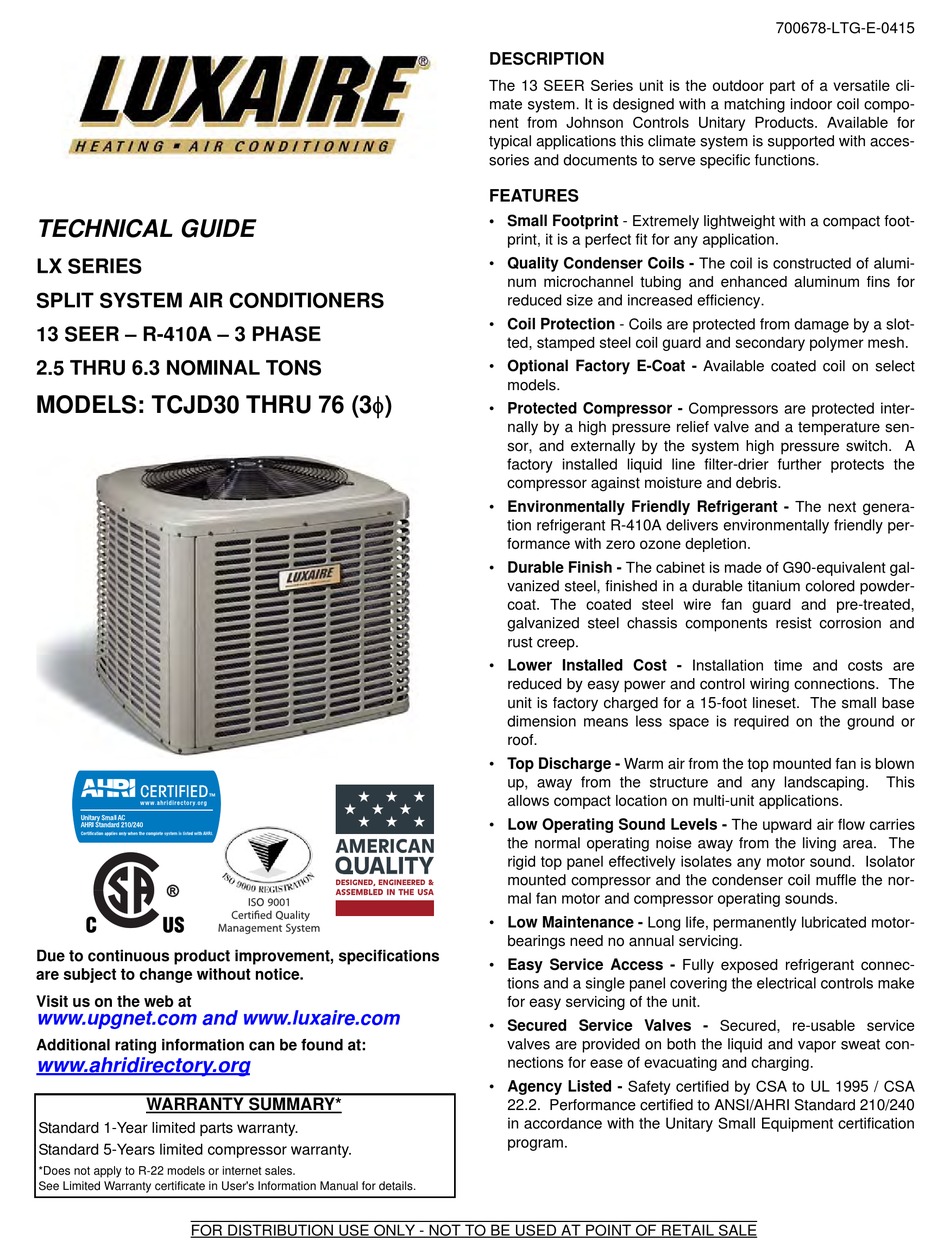 Luxaire Tcjd30 Thru 76 Technical Manual Pdf Download Manualslib