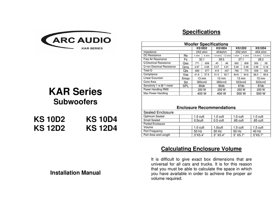 ARC AUDIO KS 10D2 INSTALLATION MANUAL Pdf Download ManualsLib