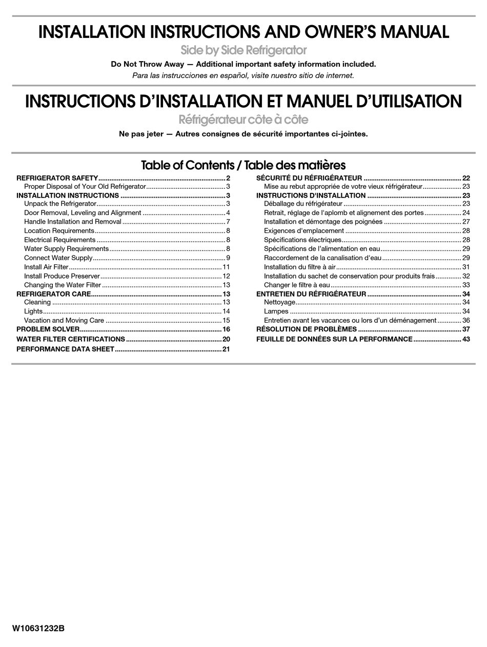 WHIRLPOOL WRS973CIDM INSTALLATION MANUAL Pdf Download | ManualsLib