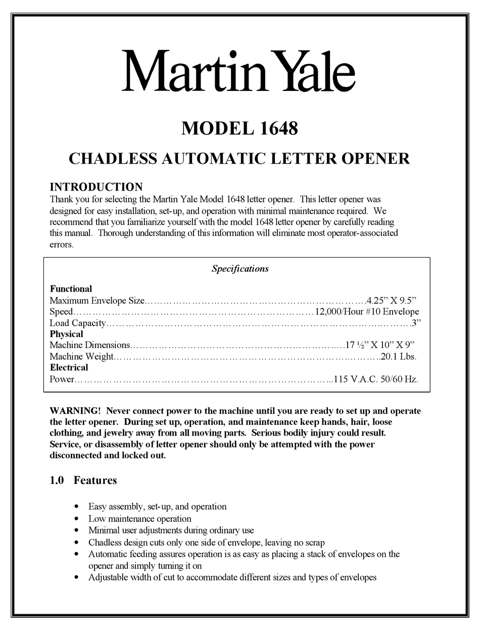 martin yale 1648 Automatic Mail Opener