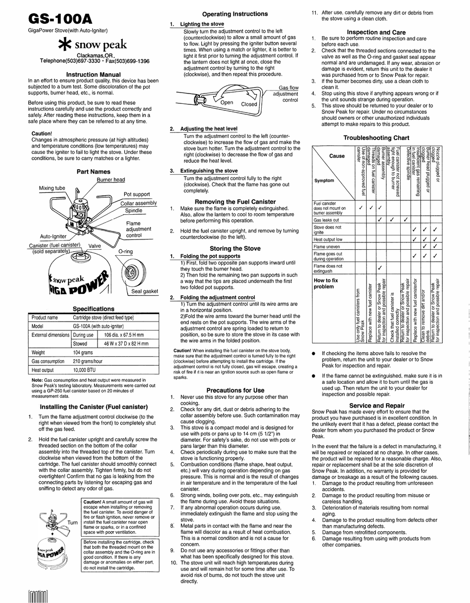 SNOW PEAK GS-100A OPERATING INSTRUCTIONS Pdf Download | ManualsLib