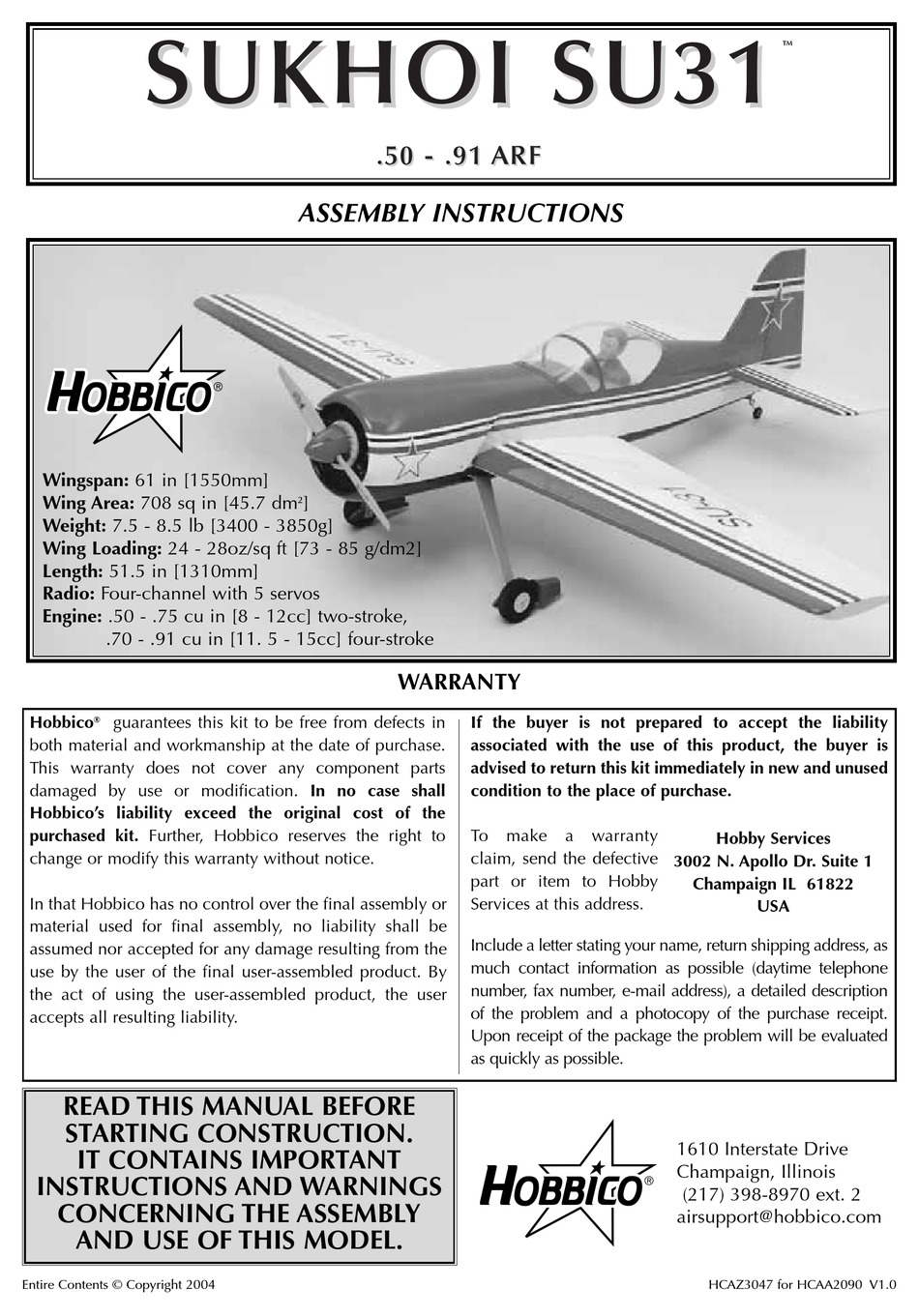 HOBBICO SUKHOI SU31 .50-.91 ARF ASSEMBLY INSTRUCTIONS MANUAL Pdf