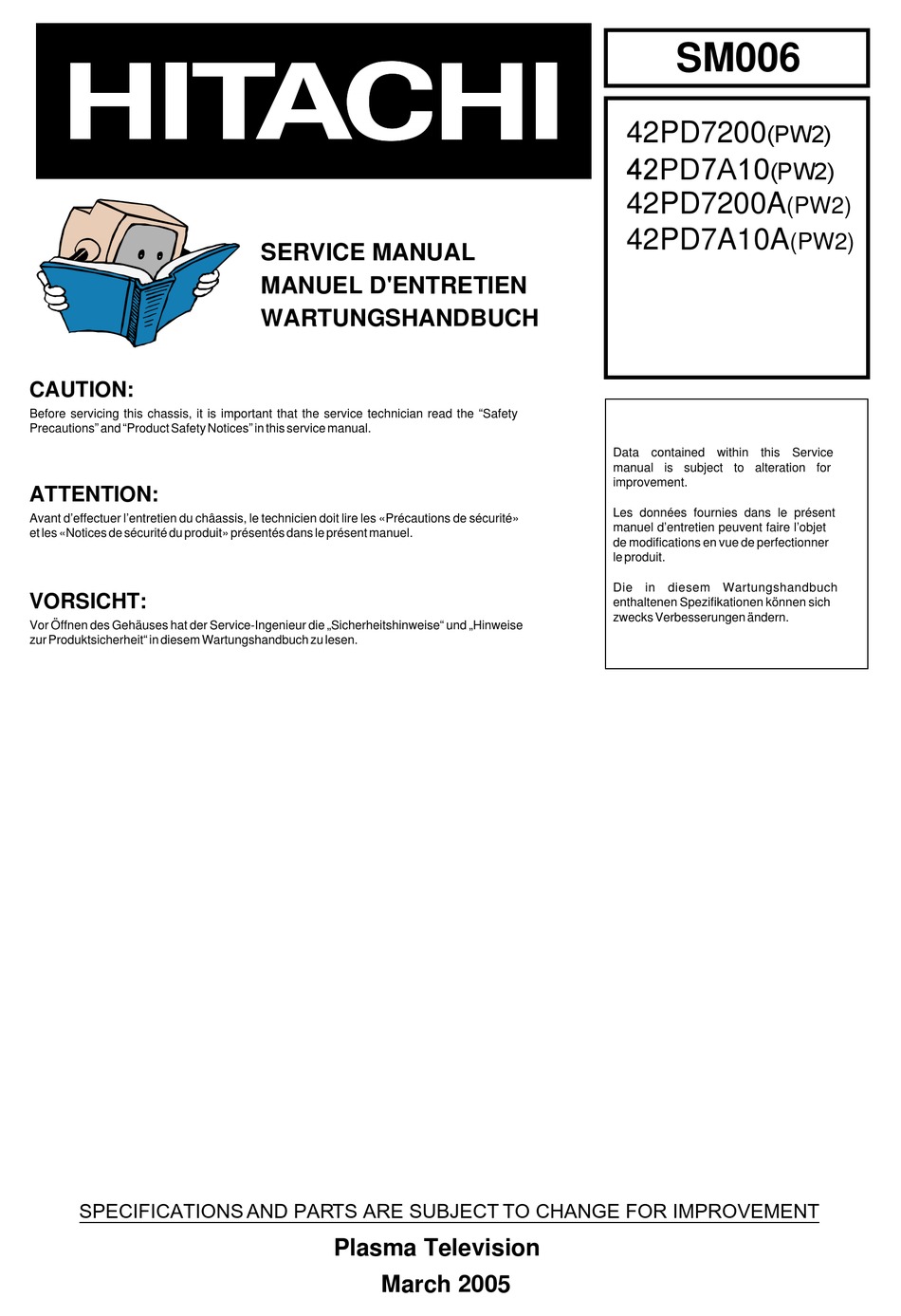 HITACHI 42PD7200 SERVICE MANUAL Pdf Download | ManualsLib