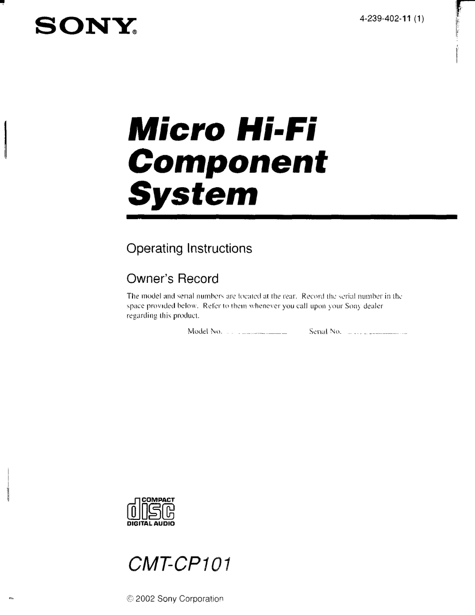 #3179 CMT Sony Manuale di Istruzioni Cmt CP101 Componente Sistema 