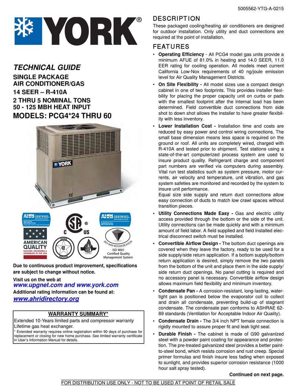 YORK PCG4A24 TECHNICAL MANUAL Pdf Download | ManualsLib