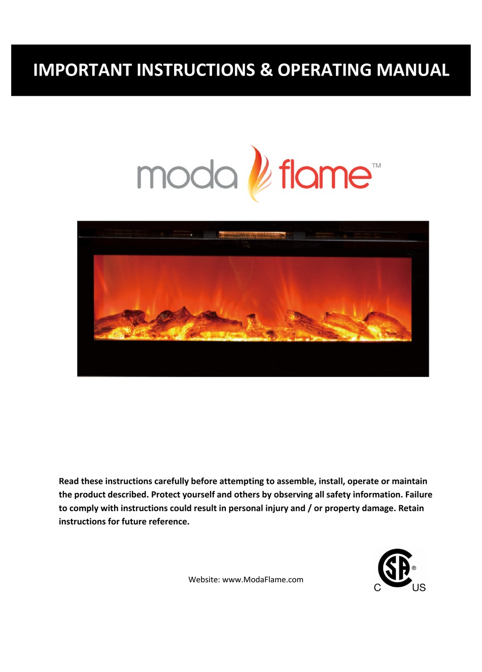 MODA FLAME MFE5048 IMPORTANT INSTRUCTIONS & OPERATING MANUAL Pdf