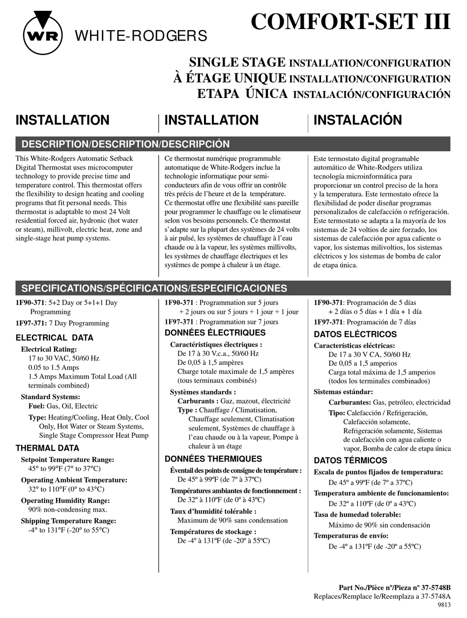 WHITE RODGERS COMFORT-SET III 1F90-371 INSTALLATION/CONFIGURATION